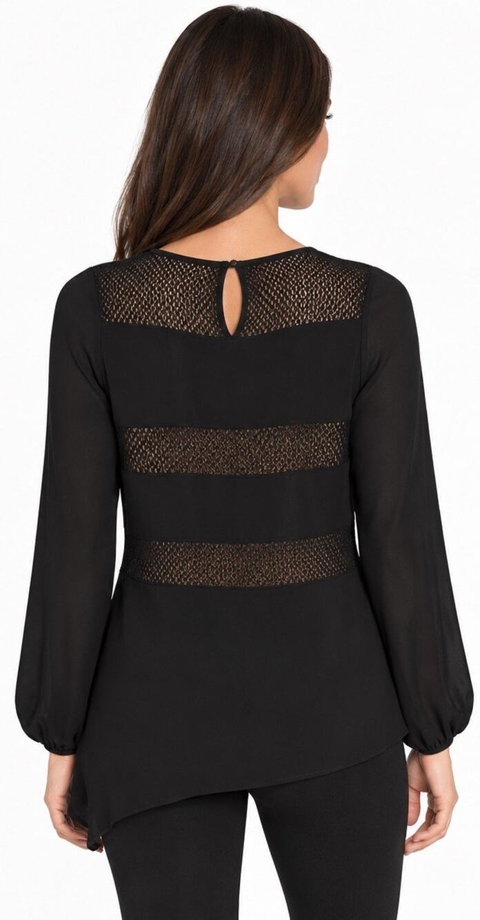 ESLEY WOMEN’S BLACK LACE BACK ASYMMETRICAL LONG SLEEVE BLOUSE TOP SIZE S